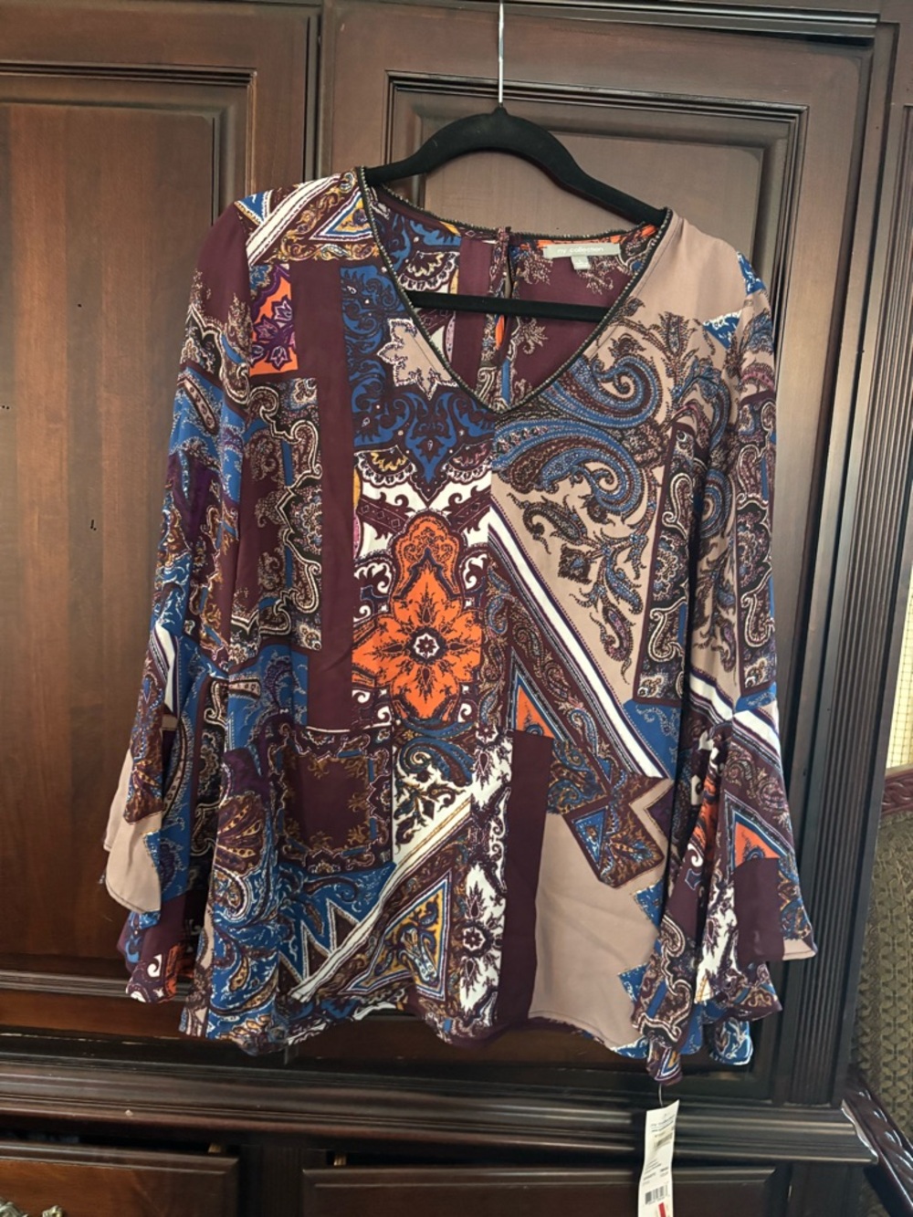 NY Collection Paisley Patchwork V-Neck Tunic in Burgundy, Blue & Orange